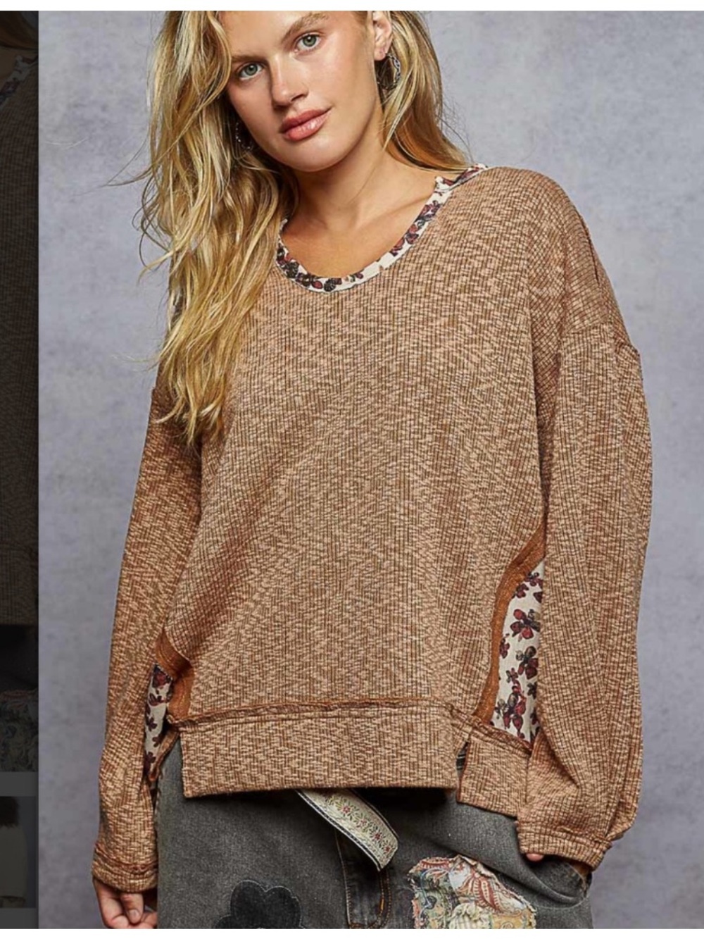 POL Brown Scoop Neck Balloon Sleeve with Floral accents Top - Picture 6 of 7